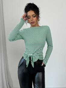 Elenzga 条纹休闲 T 恤，简约时尚，适合日常穿着，图案 T 恤，女式上衣 - 墨綠色 - 查看 5