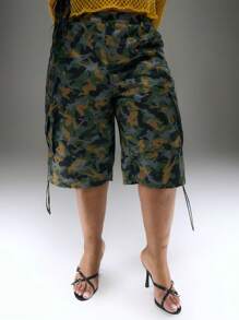 MUSERA Plus Size Camo Cuffed Tie Cargo Trousers For Everyday, Street Style, Streetwear, Y2K, 2000'S Style - Multicolor - View 2