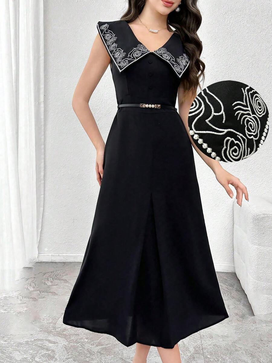 Modelyn Đầm dài giản dị không tay thêu cho nữ, thanh lịch và tối giản - màu đen - Xem 1