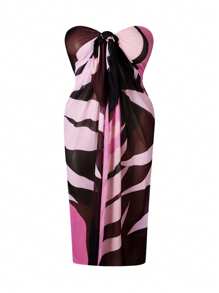 SHEIN Swim Oasis Große Größen Damen Oasis hochwertiger bedruckter Mesh-Lagen-Midirock, für Sommer Strandurlaub