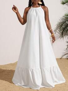 Slaydiva Summer Casual Vacation Sleeveless Ruffle Hem A-Line Long Dress For Women - White - View 6