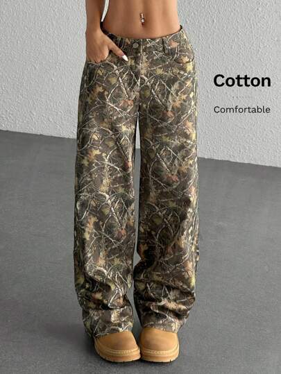 SHEIN EZwear Women Branch Print Patch Pocket Straight Leg Loose Casual Pants