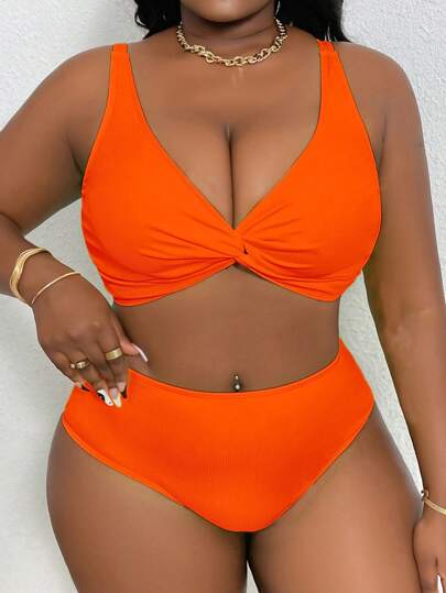 Slaydiva 2pcs/Set Plus Size Women Solid Color Camisole Split Type Fashion Casual Beach Swimwear Set