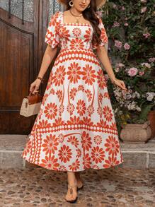 Breezaya Plus Size Floral Print Dress, Casual Vacation Style