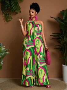 Maweii Plus Size Women Oblique Shoulder Wide Leg Jumpsuit, Casual Holiday Romper - Multicolor - View 4