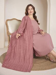 2pcs Plus Size Women Arabic Style Set: Minimalist Jacquard Long Sleeve Loose Cardigan And Solid Crew Neck Sleeveless Loose Casual Dress, Spring/Summer - Dusty Pink - View 4