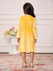 SHEIN Young Girl Yellow Velvet Gold Glitter Trim Long Sleeve V-Neck Long Dress, Fashionable Outerwear