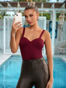 SHEIN Clasi Camiseta de mujer elegante con copa estilo slim fit de color rojo vino para primavera/verano, body para capas de mujer, ropa de playa push up y conjuntos de playa para mujer - Burdeos - Ver 5