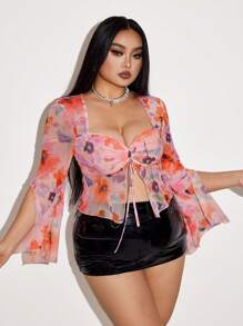 SHEIN ICON Plus Size Square Neck Floral Print Mesh Flared Sleeve Knit Sweater - Multicolor - View 6