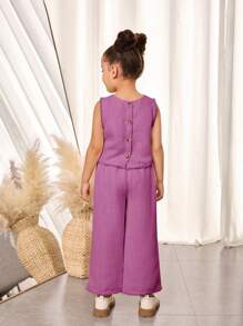 两件套：年轻女孩无袖梭织上衣和宽松休闲梭织裤 - 紫色 - 查看 2