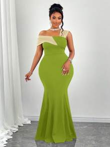 SOLERSUN 大码女式不对称领美人鱼下摆修身优雅连衣裙 - 綠色 - 查看 6