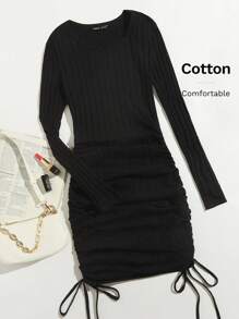 SHEIN EZwear 抽繩抽褶側包臀洋裝 - 黑色 - 查看 6