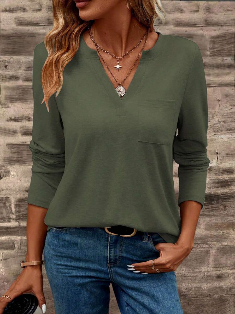 EMERY ROSE Women's Solid Color V-Neck Long Sleeve Pocket Casual T-Shirt Fall Cloth For Women - Green - View 1