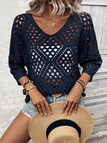 Breezaya Women's Loose Casual 3/4 Sleeve Hollow Out Knitted Sweater Fall Winter - Navy Blue - View 5