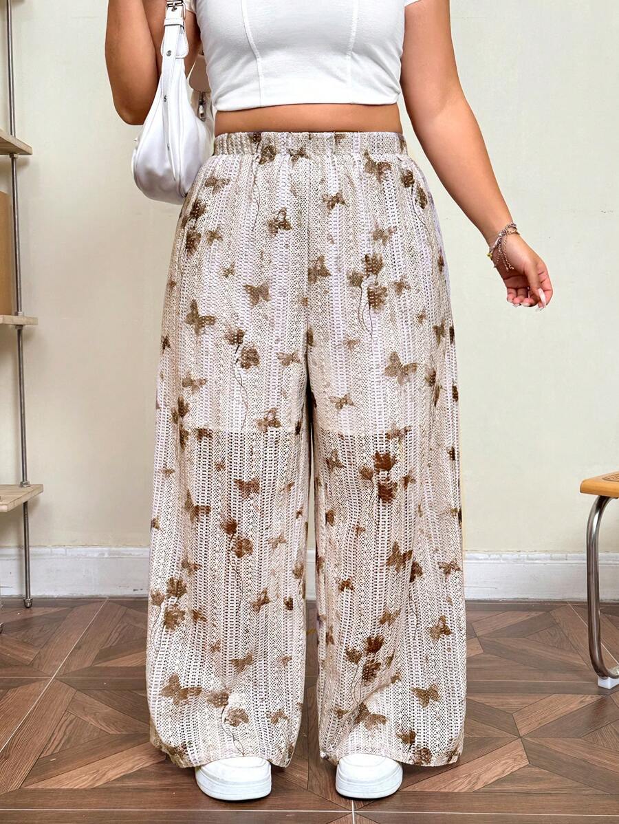 SHEIN EZwear 大码春季扎染宽松镂空阔腿裤 - 彩色 - 查看 1