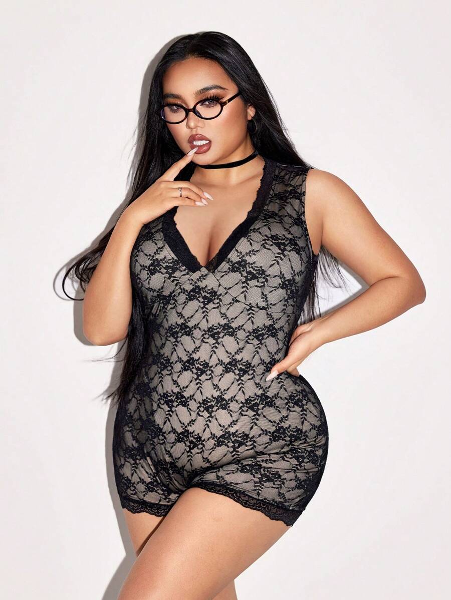 SHEIN ICON Plus Size V-Neck Lace Jumpsuit, Minimalist Fashion Casual Everyday Romper - Black - View 1