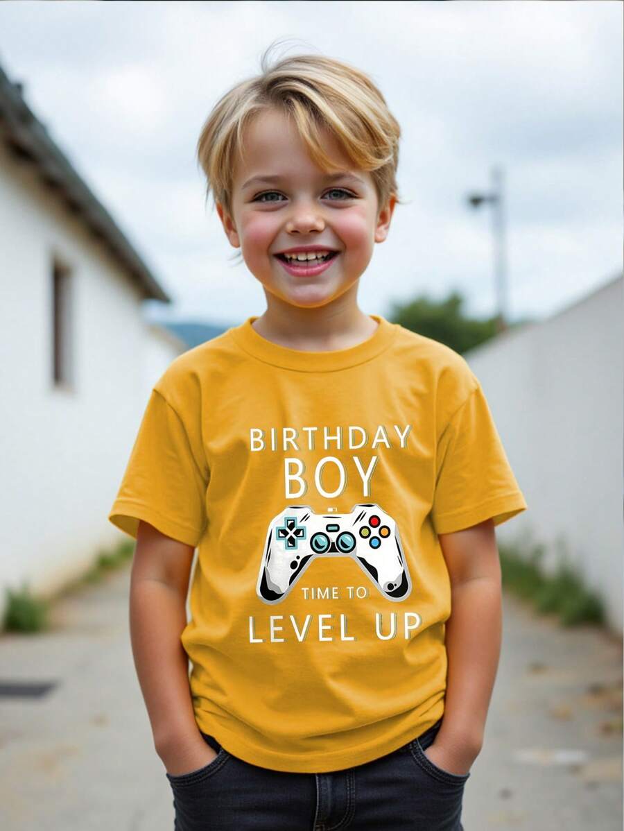 Toddler Boys "Birthday Boy Time To Level Up" Print Casual Round Neck Short Sleeve T-Shirt - Yellow - View 1