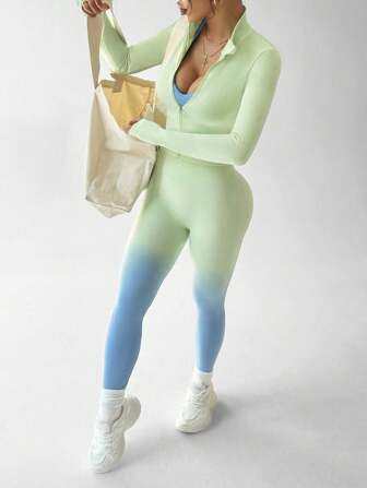 Lifespree 女士渐变色露背长袖上衣和紧身裤 2 件套健身运动服套装