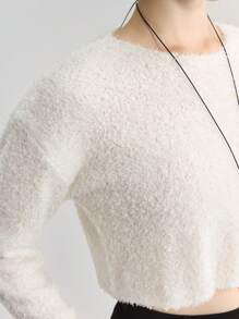 Ontre 女士纯色圆领落肩长袖针织毛衣，秋冬 - 白色 - 查看 4