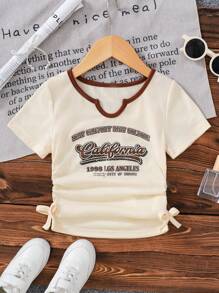 Young Girl Letter Print V-Neck Short Sleeve Casual T-Shirt