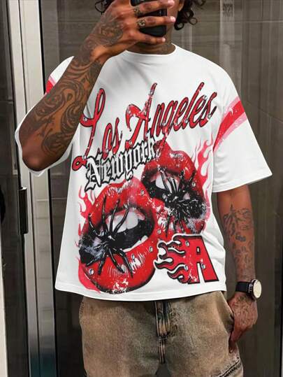 Street Life Men's Casual Lips & Letter Pattern Short Sleeve T-Shirt For Everyday Wear