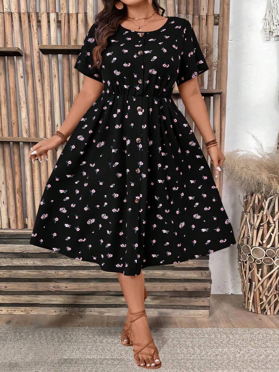 SHEIN LUNE Plus Size Short Sleeve Casual Dress, Fashionable & Comfortable For Daily Wear
