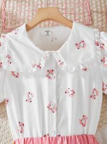 Set de 2 piezas con blusa de manga corta con estampado de oso de peluche blanco y falda pleateada rosa para niñas, estilo coreano para primavera/verano