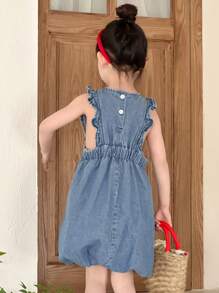 DAZY Vestido de mezclilla de manga corta y cuello redondo para niñas, conjunto de ropa de verano para niñas - Azul lavado medio - Ver 5