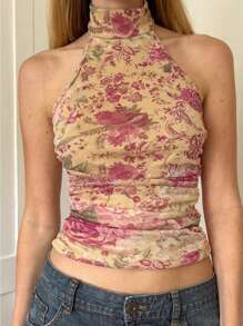 Women's Floral Print Halter Neck Backless Cami Top - Multicolor - View 1