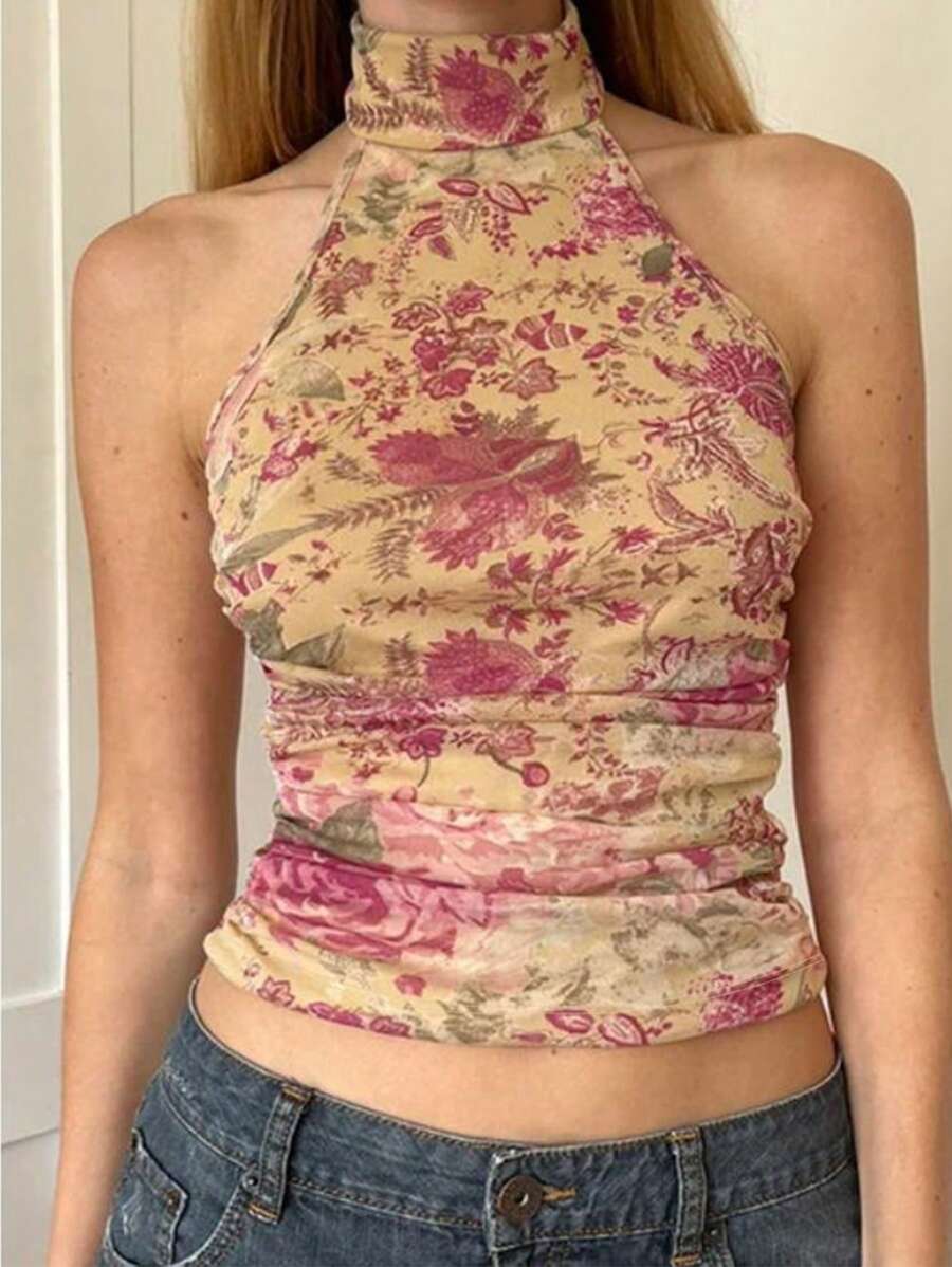 Women's Floral Print Halter Neck Backless Cami Top - Multicolor - View 1