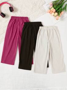 3pcs/Set Young Girl Casual Comfortable Pants, Spring/Autumn, Bow Elastic Waist, Solid Color Corduroy Material, Multi-Color Set, Straight Leg Sweatpants, School, Campus, College Chic Outfits For Autumn/Winter