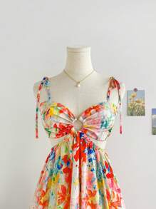 Soleia 度假女士彩色油画花卉印花荷叶边肩带前腰 A 字中长连衣裙 - 彩色 - 查看 4