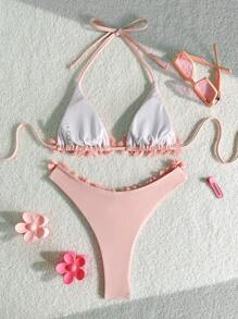 SHEIN Swim 2pcs Simple & Elegant Pink 3D Floral Sexy Bikini Set For Women For Summer Beach Vacation