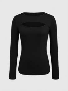 INAWLY Women Casual Solid Color Hollow Out Long Sleeve T-Shirt