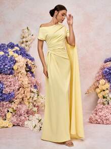 SHEIN Belle Elegant And Romantic Light Yellow Woven Material, Sloping Shoulders, Asymmetrical Sleeves, Floating Panels, Pleated Micro Fishtail Hem, Suitable For Dates, Vacations, Weddings, Events, Back-To-School Season, Graduation Season, Formal Bridesmaid Dress - Yellow - View 2