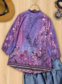 花卉印花七分袖女士宽松纽扣衬衫，休闲度假风 - 彩色 - 查看 4