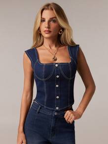 SHEIN Forever 21 夏季/乡村音乐会/乡村音乐会/茶会/优雅/音乐会/休闲女士/夏季/蓝色牛仔上衣 - 藍色 - 查看 8