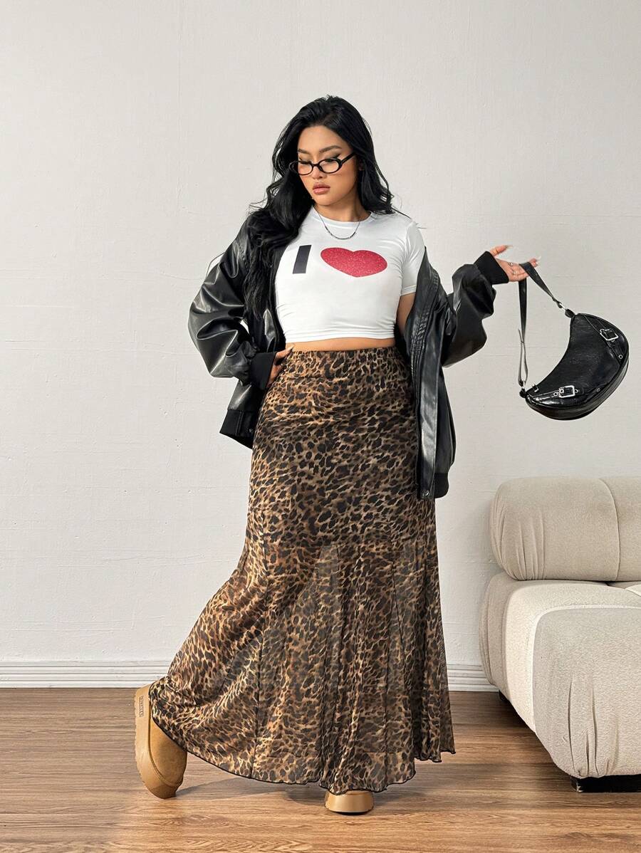 SHEIN EZwear Plus Size Vintage Leopard Print Mesh Fishtail Skirt - Brown - View 1