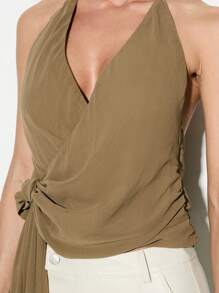 KIZN Elegant Halter Neck Wrap Top Evening Party Special Occasion Summer Sleeveless Blouse With Side Tie Detail