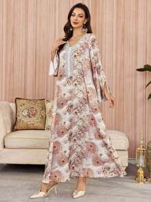 Al Najma 浪漫花卉拼布亮片刺绣优雅宽松连衣裙，让您看起来年轻、端庄 - 彩色 - 查看 6