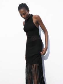 Maija Women's Black Sleeveless Textured Fabric Hollow-Out Fringe Hem Bodycon Dress, Fashionable & Sexy For Early Spring, Resort Wear, Suitable For Boho, 4th Of July, Saint John, Graduation, Holidays Casual Dresses For Woman Crochet Cruise Outfits Women Sexy Dresses For Women Western Dress Date Night Outfits Women Black Dress  Casual Dresses For Women - Black - View 3