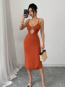 Chiquease 2025 Spring/Summer New European And American Style V-Neck Circular Ring Design Sexy Side Split Knitted Slip Dress - Burnt Orange - View 3
