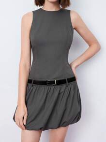 Maija 女士灰色早春纯色圆领无袖低腰荷叶边下摆优雅时尚紧身迷你连衣裙，适合日常穿着、通勤、情人节 - 灰色 - 查看 5