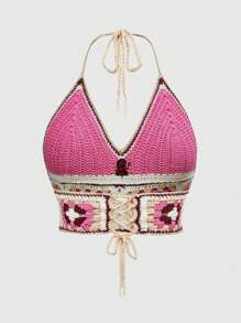 ROMWE Kawaii 大码手工钩编花朵露背吊带针织上衣