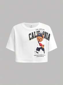 Tween Girls 2pcs Set: Striped Loose Wide Leg Pants And Oversized Short Sleeve T-Shirt With Letter Print - White - View 4