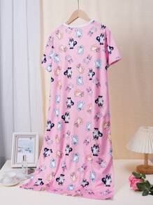 Women's Lotus Root Pink Casual Patchwork Lovely Dog Family Print Round Neck Short Sleeve Long Nightgown Sleepwear - Dusty Pink - View 2