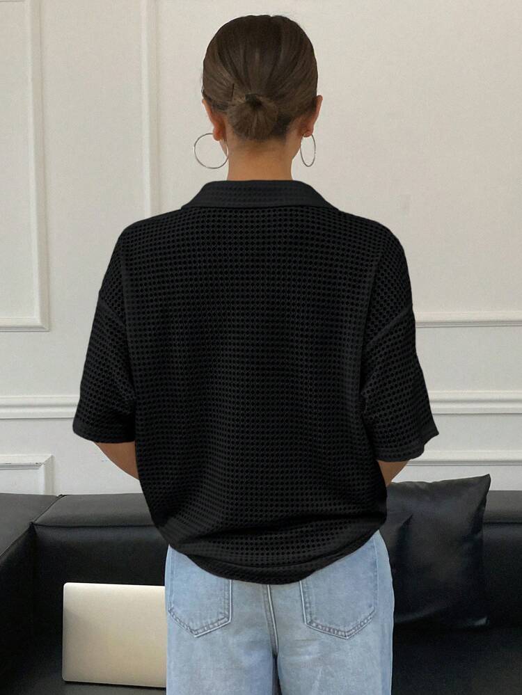 Women's Solid Color Casual Loose Fit Textured Polo Neck T-Shirt