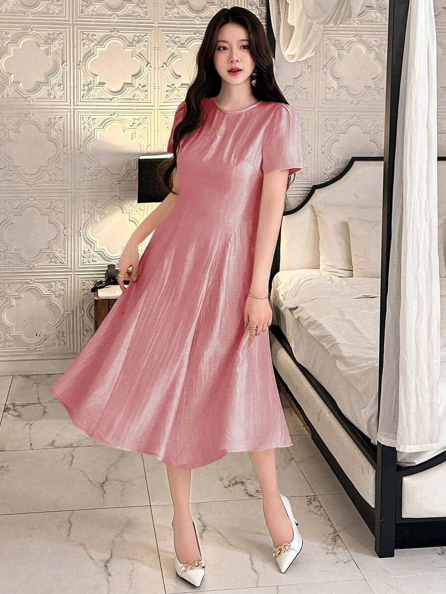 DAZY 假日和约会之夜纯色圆领泡泡袖中长连衣裙女式太阳裙 - 粉色 - 查看 1