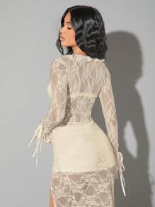 SHEIN BAE White Lace See-Through Sexy Going Out Blouse With Ruffle, Bowknot Strap Decor, Suitable For Date, Night Club Party, Open Top For Women