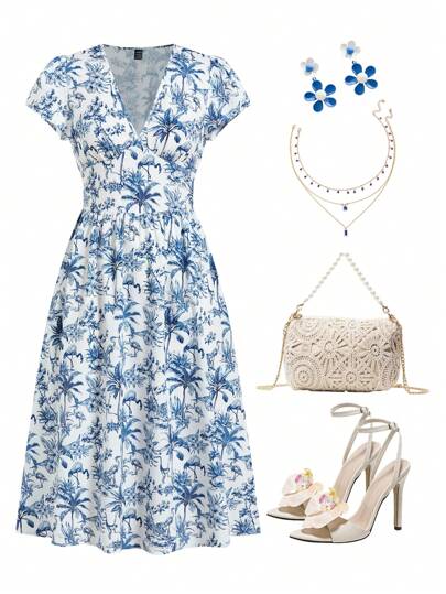 Ellevyn Women Floral Print Shirred Pocket Midi Dress, Spring/Summer Casual Vacation Dress,Sun Dress